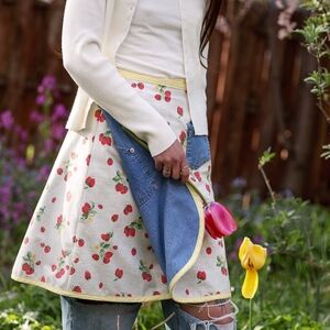Upcycled Reversible Wrap Skirt Handmade Denim and Strawberry One Size
